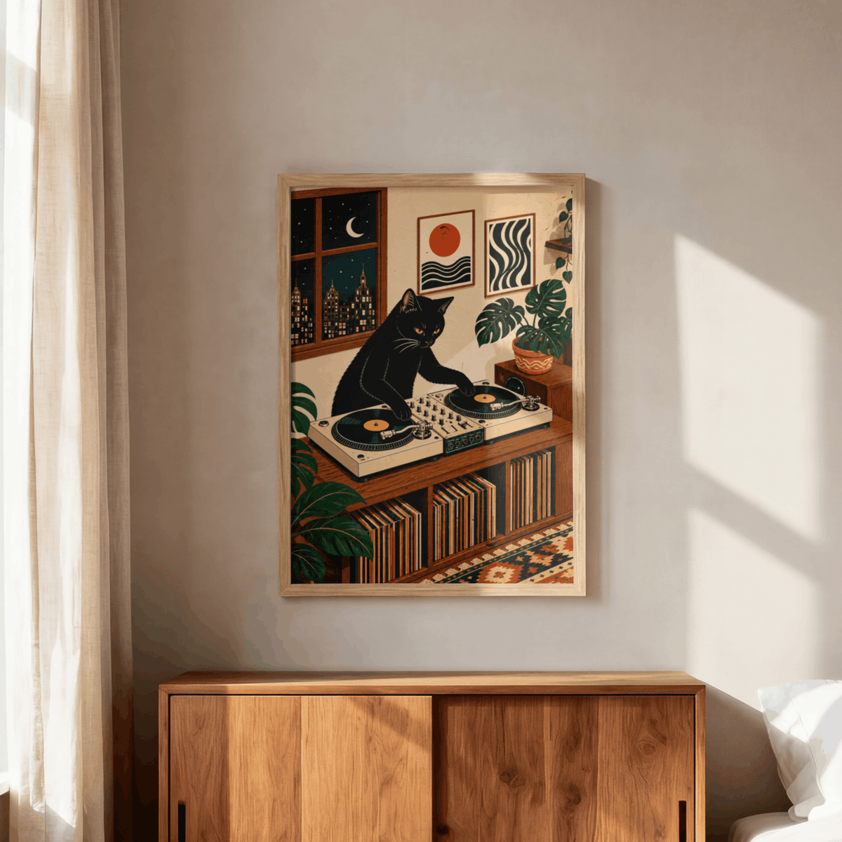 DJ Black Cat Vinyl Record Art Print – Retro Aesthetic Music Room Poster & Framed Wall Decor