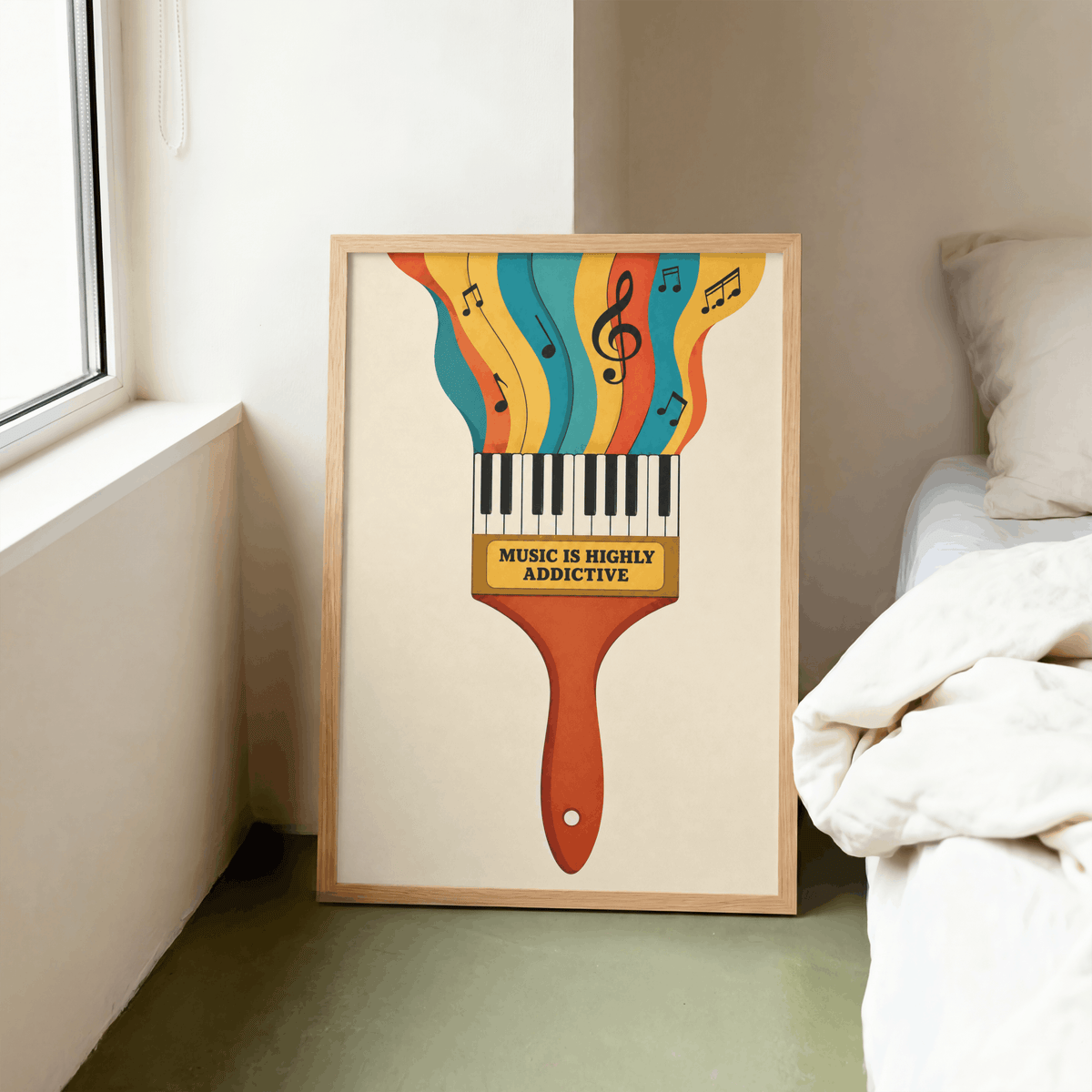 Music Is Highly Addictive Art Print – Retro Paintbrush Piano Music Wall Art & Framed Aesthetic Decor