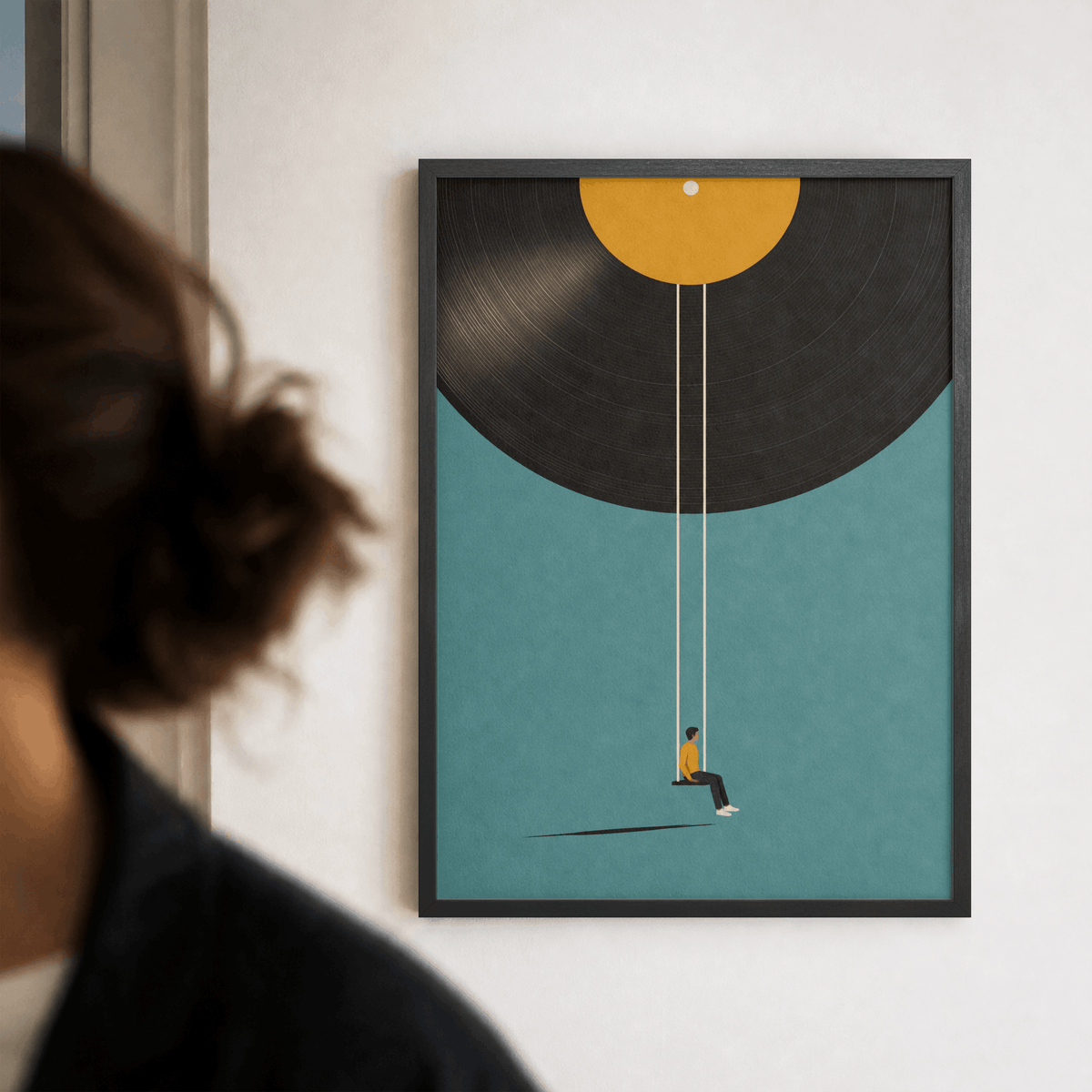 Vinyl Record Swing Art Print – Minimalist Surreal Music Wall Art & Framed Aesthetic Decor