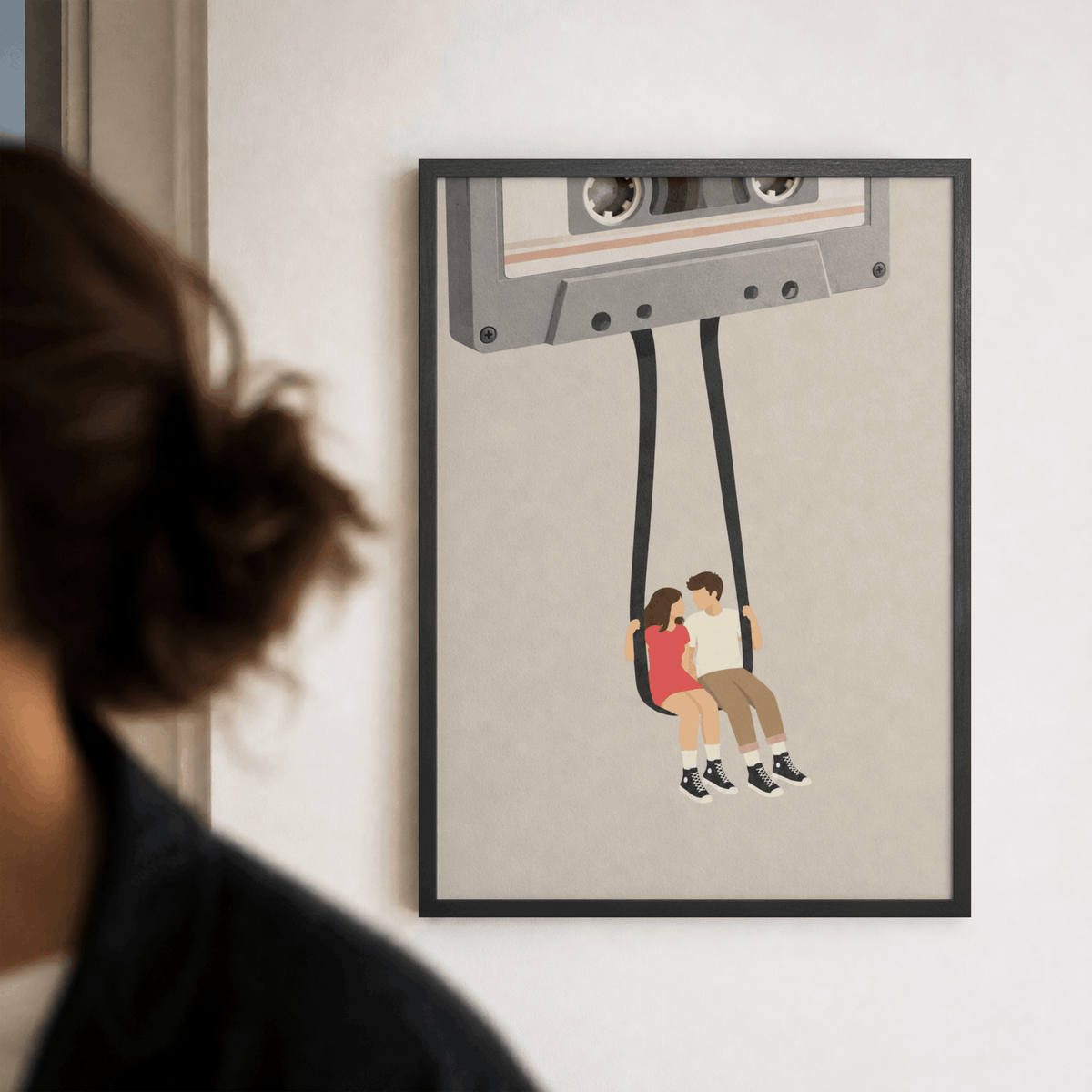 Cassette Tape Swing Art Print – Retro Mixtape Couple Music Wall Art & Framed Aesthetic Decor