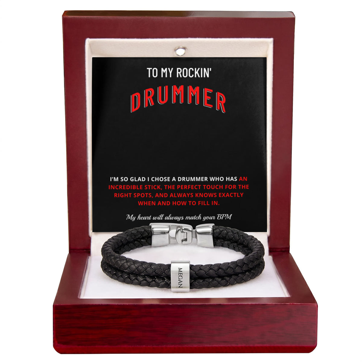 To My Rockin Drummer Braided Leather Bracelet - Funny Gift for Drummer Husband & Boyfriend