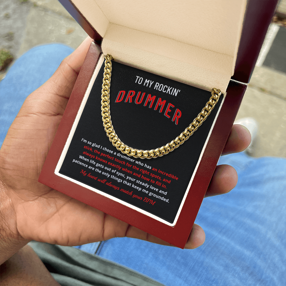 Drummer Husband Boyfriend Gift | "My Heart Matches Your BPM" Custom Message Card Cuban Chain for Him