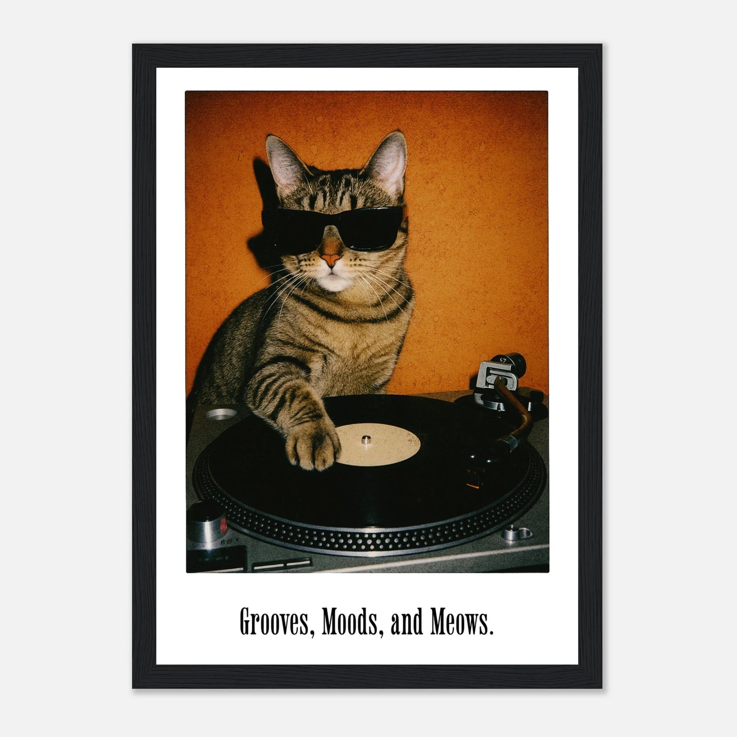 Retro DJ Cat Framed Poster | Grooves Moods and Meows Funny Cat Wall Art & Music Decor Musician Fusion