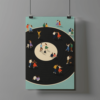 Vinyl Dance Floor Art Print – Retro People Dancing on Vinyl Record Music Wall Art & Framed Aesthetic Decor