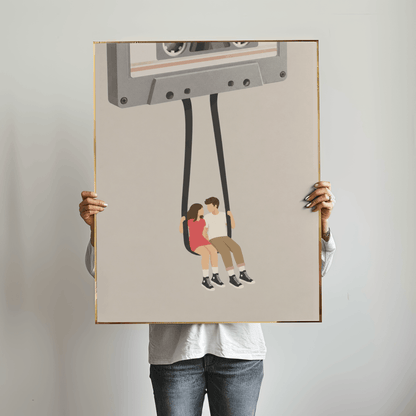 Cassette Tape Swing Art Print – Retro Mixtape Couple Music Wall Art & Framed Aesthetic Decor