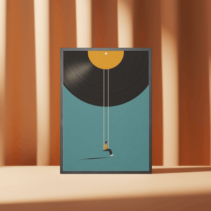 Vinyl Record Swing Art Print – Minimalist Surreal Music Wall Art & Framed Aesthetic Decor