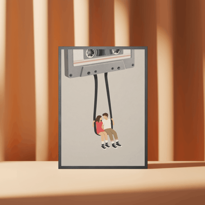 Cassette Tape Swing Art Print – Retro Mixtape Couple Music Wall Art & Framed Aesthetic Decor