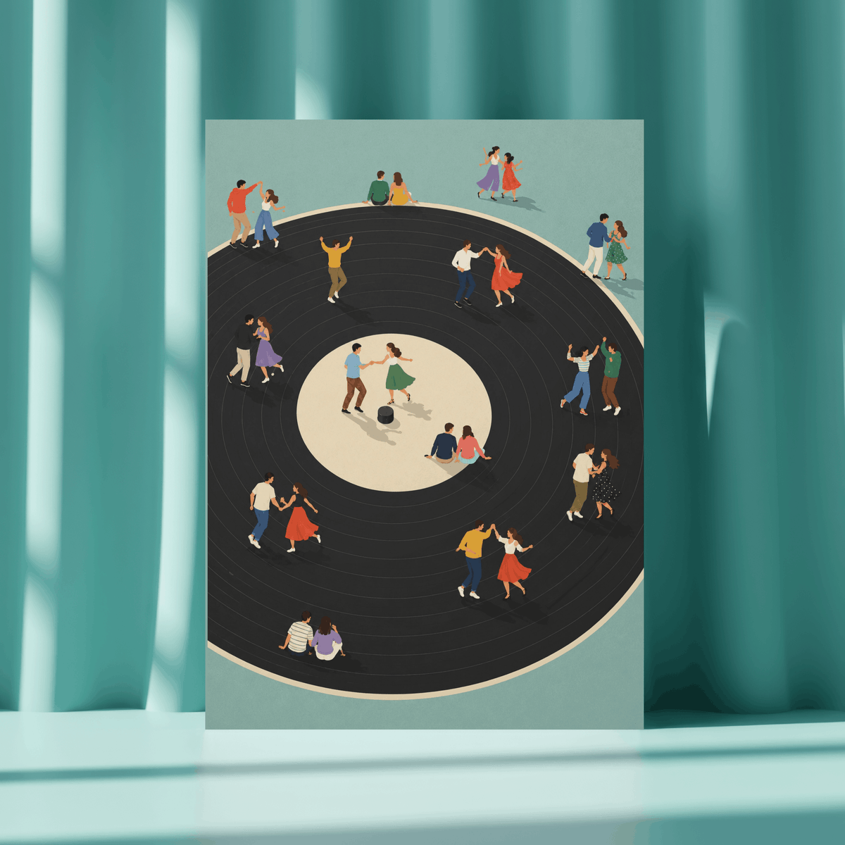 Vinyl Dance Floor Art Print – Retro People Dancing on Vinyl Record Music Wall Art & Framed Aesthetic Decor