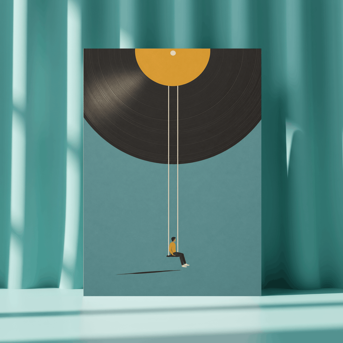 Vinyl Record Swing Art Print – Minimalist Surreal Music Wall Art & Framed Aesthetic Decor
