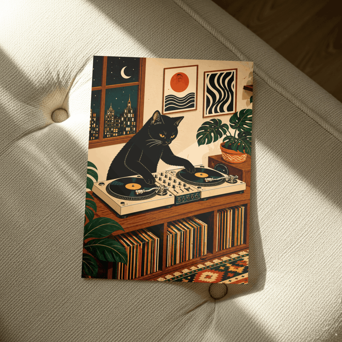 DJ Black Cat Vinyl Record Art Print – Retro Aesthetic Music Room Poster & Framed Wall Decor