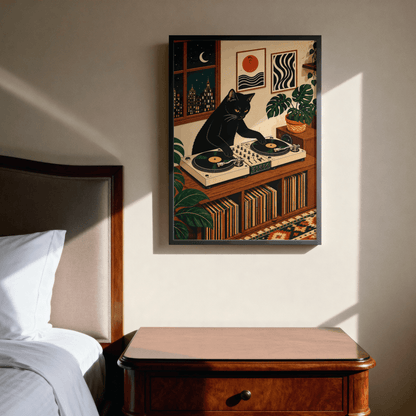 DJ Black Cat Vinyl Record Art Print – Retro Aesthetic Music Room Poster & Framed Wall Decor