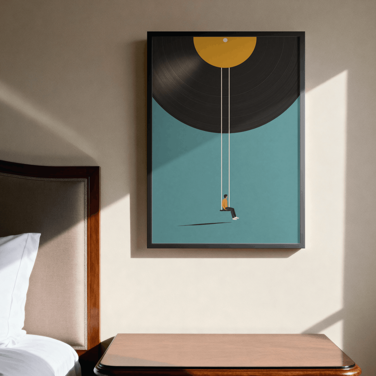 Vinyl Record Swing Art Print – Minimalist Surreal Music Wall Art & Framed Aesthetic Decor