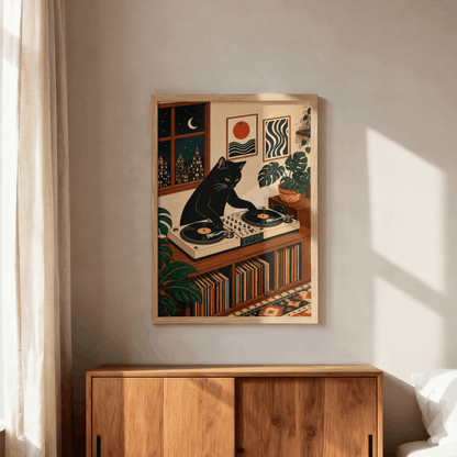 DJ Black Cat Vinyl Record Art Print – Retro Aesthetic Music Room Poster & Framed Wall Decor