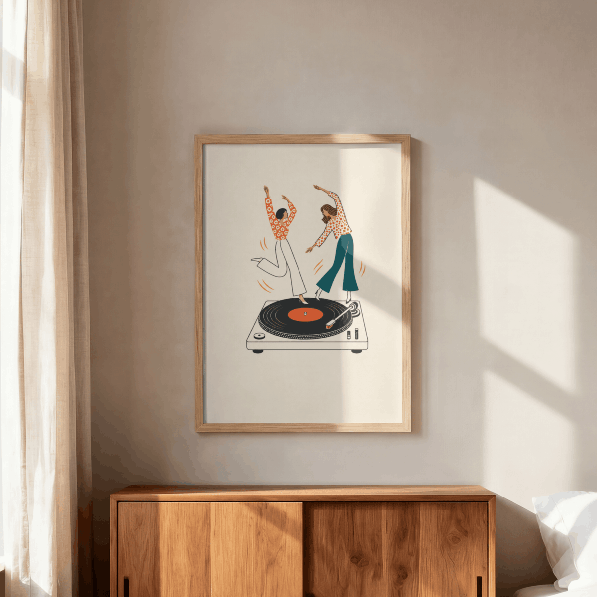 Dancing on Turntable Art Print – Retro Girls Dancing on Vinyl Record Music Wall Art & Framed Aesthetic Decor