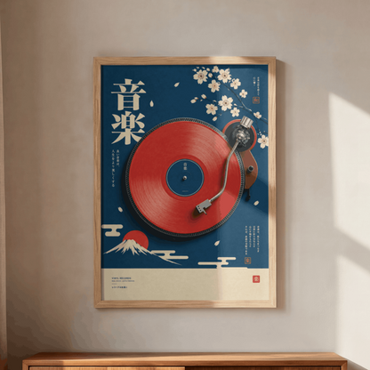 Japanese Cherry Blossom Vinyl Art Print – Retro Mount Fuji Turntable Music Wall Art & Framed Aesthetic Decor