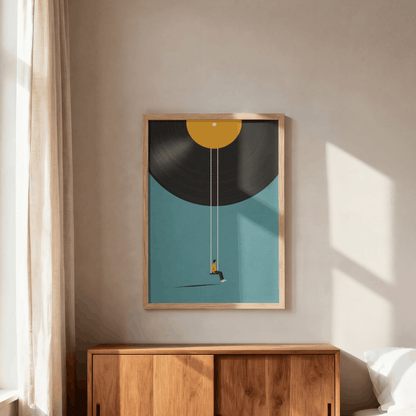 Vinyl Record Swing Art Print – Minimalist Surreal Music Wall Art & Framed Aesthetic Decor