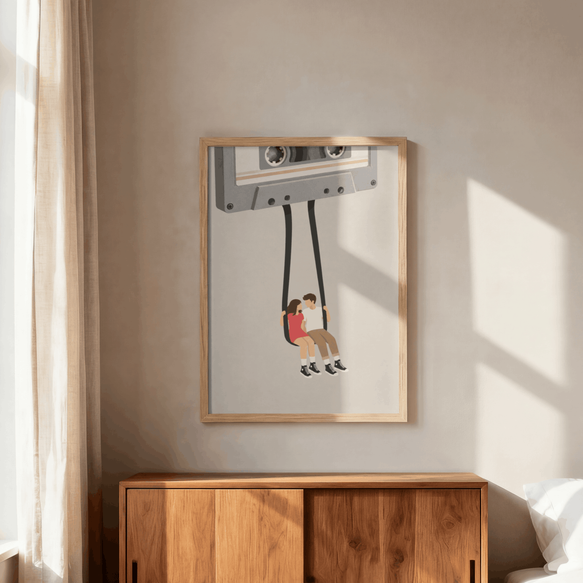 Cassette Tape Swing Art Print – Retro Mixtape Couple Music Wall Art & Framed Aesthetic Decor