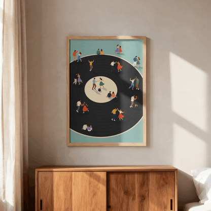 Vinyl Dance Floor Art Print – Retro People Dancing on Vinyl Record Music Wall Art & Framed Aesthetic Decor