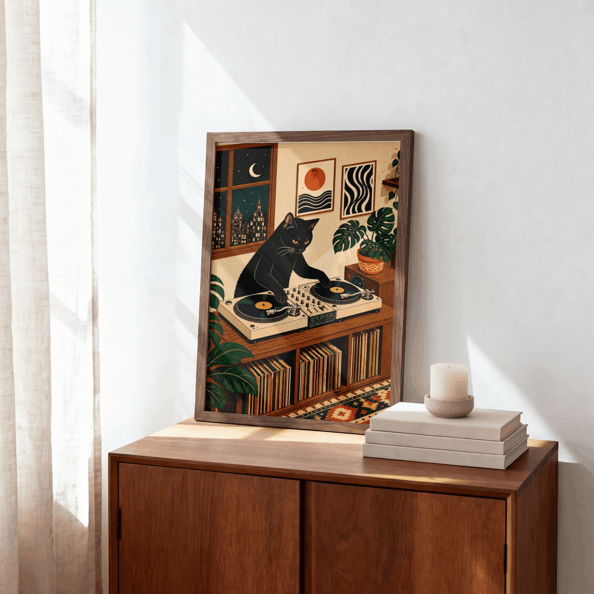 DJ Black Cat Vinyl Record Art Print – Retro Aesthetic Music Room Poster & Framed Wall Decor