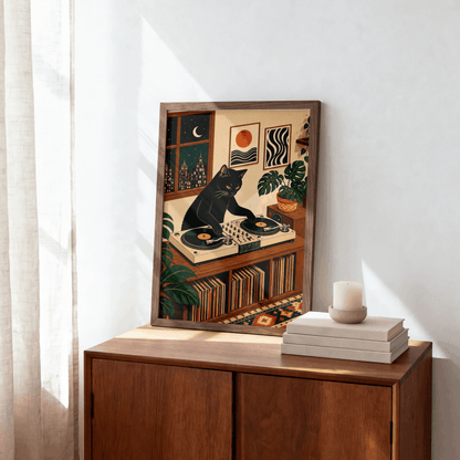 DJ Black Cat Vinyl Record Art Print – Retro Aesthetic Music Room Poster & Framed Wall Decor
