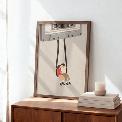Cassette Tape Swing Art Print – Retro Mixtape Couple Music Wall Art & Framed Aesthetic Decor