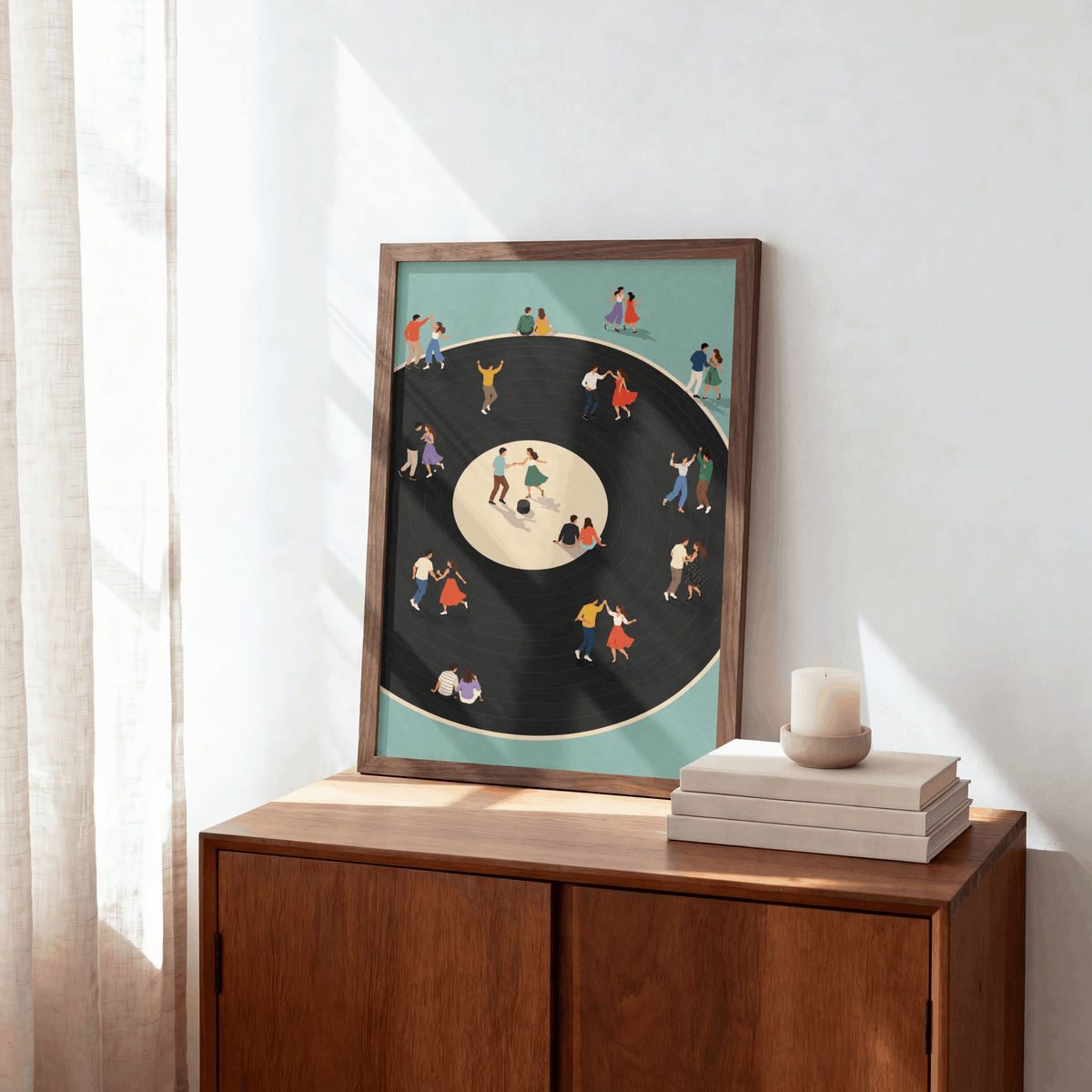 Vinyl Dance Floor Art Print – Retro People Dancing on Vinyl Record Music Wall Art & Framed Aesthetic Decor