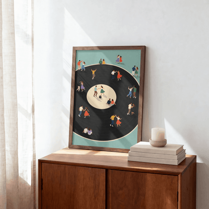 Vinyl Dance Floor Art Print – Retro People Dancing on Vinyl Record Music Wall Art & Framed Aesthetic Decor