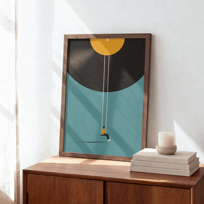 Vinyl Record Swing Art Print – Minimalist Surreal Music Wall Art & Framed Aesthetic Decor
