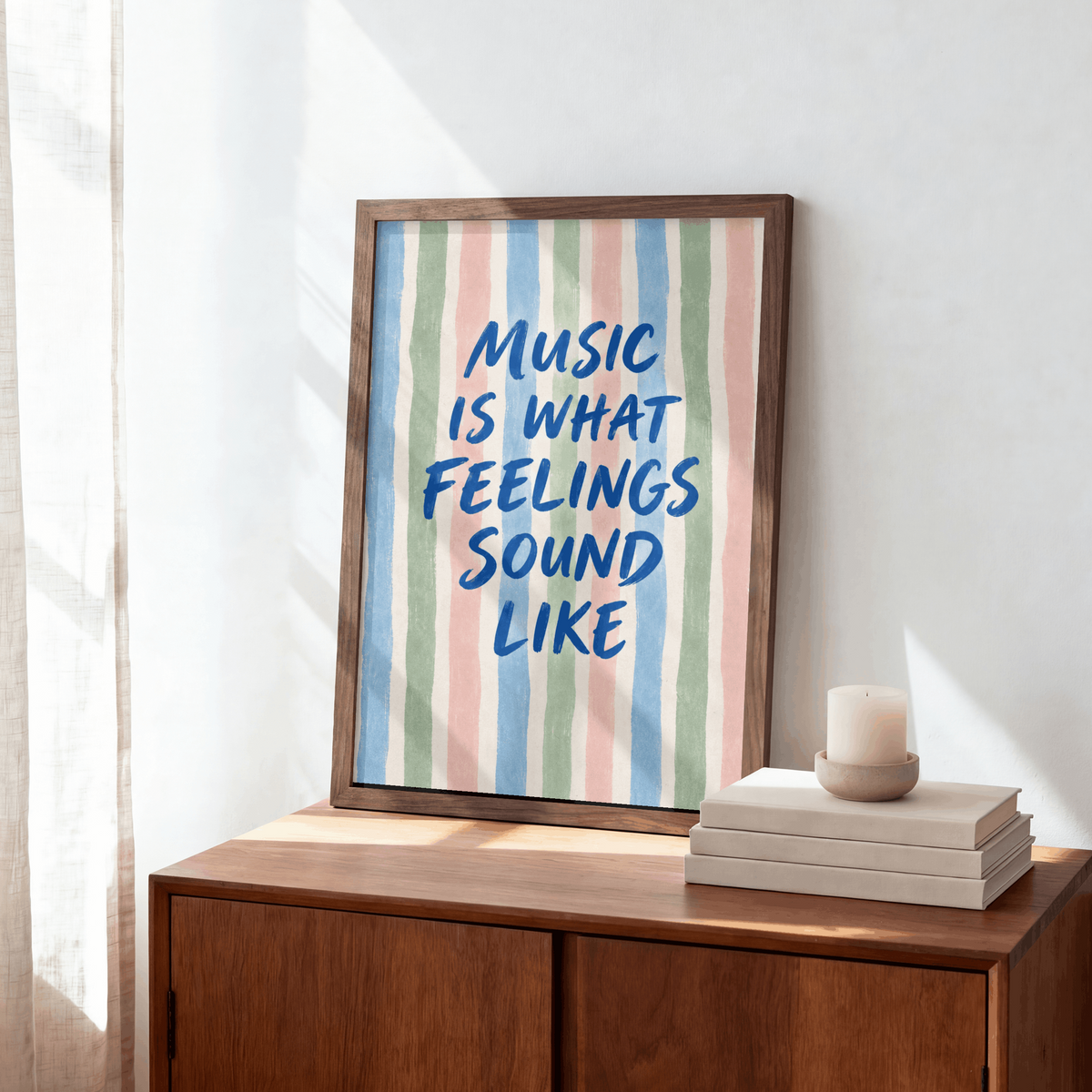 Music Is What Feelings Sound Like Art Print – Pastel Striped Typography Music Wall Art & Framed Aesthetic Decor