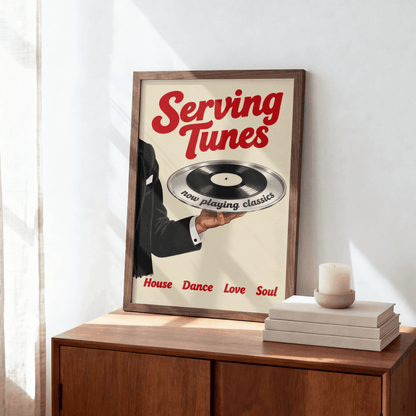 Serving Tunes Art Print – Retro Butler Vinyl Record Music Wall Art & Framed Aesthetic Decor
