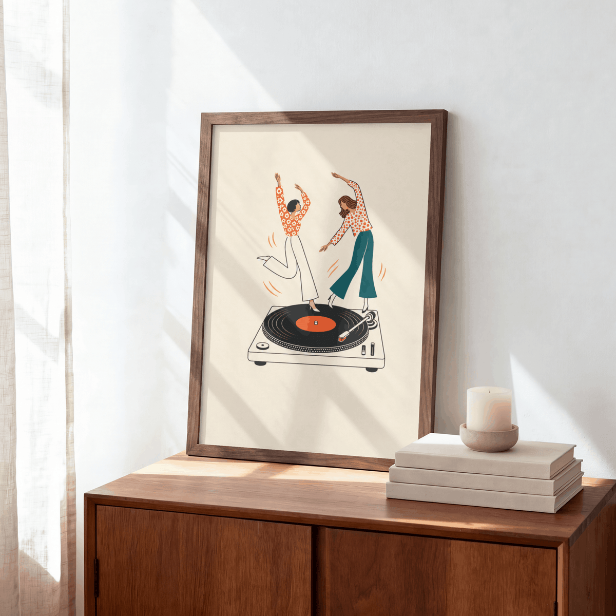 Dancing on Turntable Art Print – Retro Girls Dancing on Vinyl Record Music Wall Art & Framed Aesthetic Decor