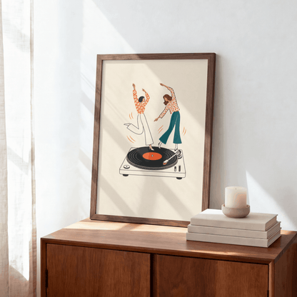 Dancing on Turntable Art Print – Retro Girls Dancing on Vinyl Record Music Wall Art & Framed Aesthetic Decor