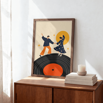 Dancing on Vinyl Art Print – Mid-Century Modern Couple Music Wall Art & Framed Aesthetic Decor