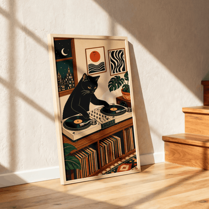 DJ Black Cat Vinyl Record Art Print – Retro Aesthetic Music Room Poster & Framed Wall Decor