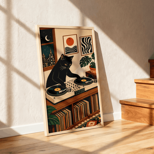DJ Black Cat Vinyl Record Art Print – Retro Aesthetic Music Room Poster & Framed Wall Decor