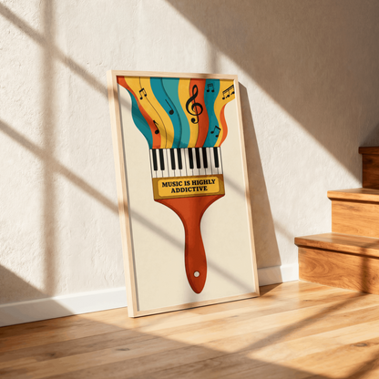 Music Is Highly Addictive Art Print – Retro Paintbrush Piano Music Wall Art & Framed Aesthetic Decor