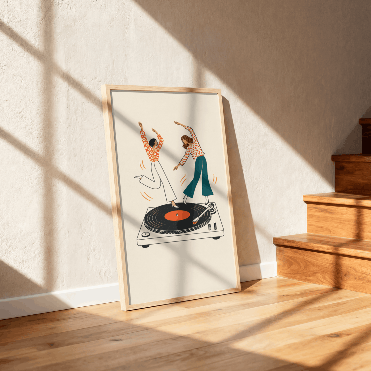 Dancing on Turntable Art Print – Retro Girls Dancing on Vinyl Record Music Wall Art & Framed Aesthetic Decor
