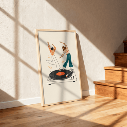 Dancing on Turntable Art Print – Retro Girls Dancing on Vinyl Record Music Wall Art & Framed Aesthetic Decor