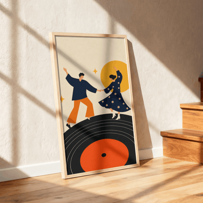 Dancing on Vinyl Art Print – Mid-Century Modern Couple Music Wall Art & Framed Aesthetic Decor