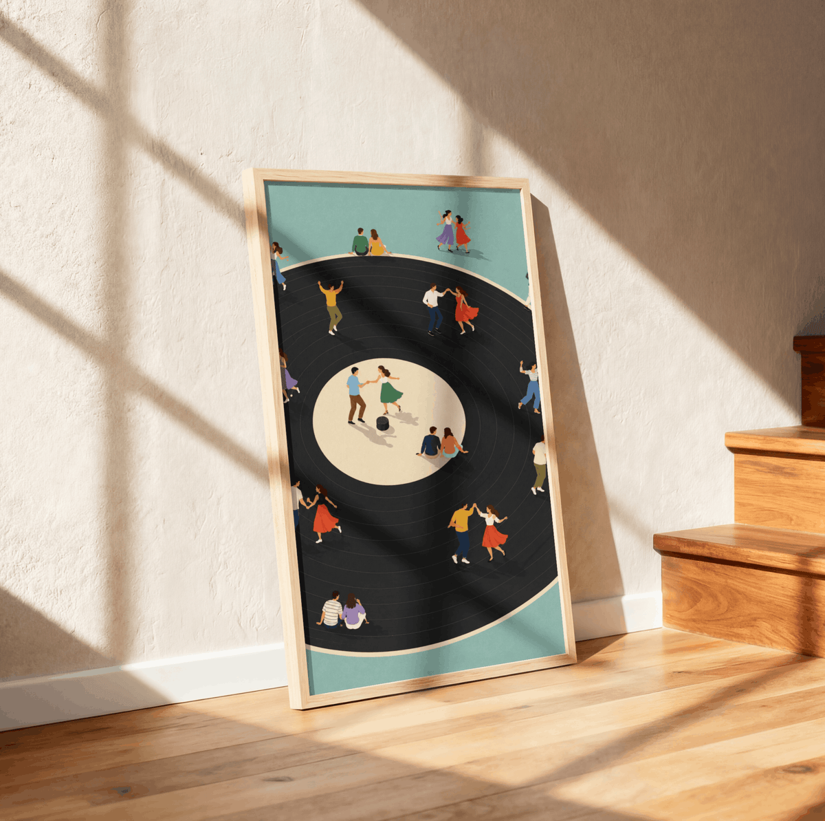 Vinyl Dance Floor Art Print – Retro People Dancing on Vinyl Record Music Wall Art & Framed Aesthetic Decor