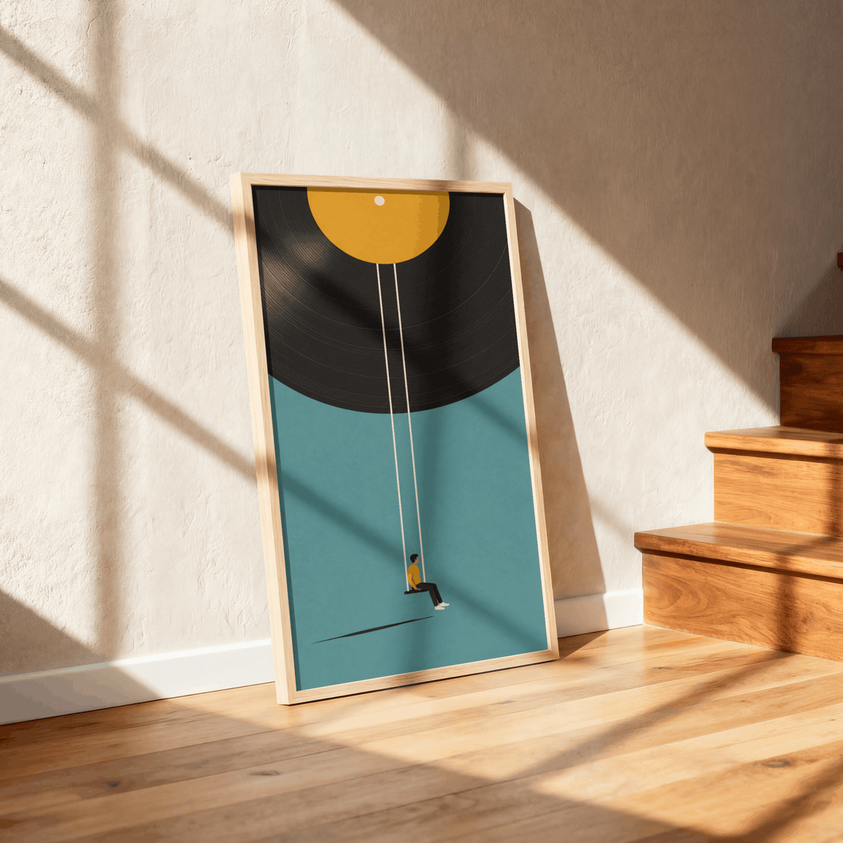 Vinyl Record Swing Art Print – Minimalist Surreal Music Wall Art & Framed Aesthetic Decor