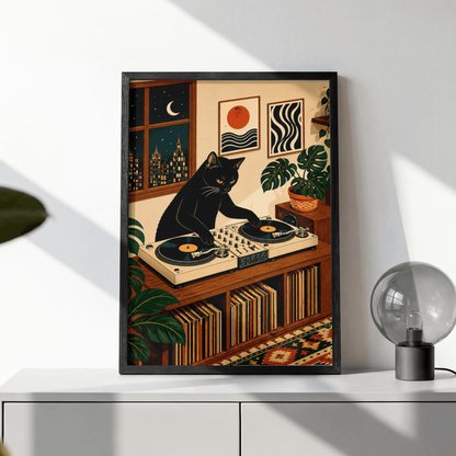 DJ Black Cat Vinyl Record Art Print – Retro Aesthetic Music Room Poster & Framed Wall Decor
