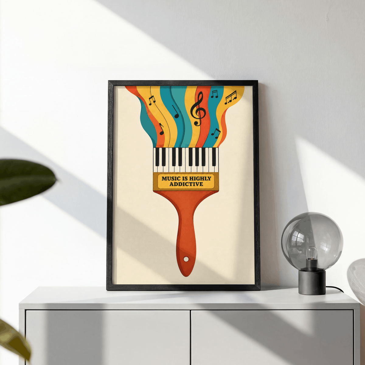 Music Is Highly Addictive Art Print – Retro Paintbrush Piano Music Wall Art & Framed Aesthetic Decor
