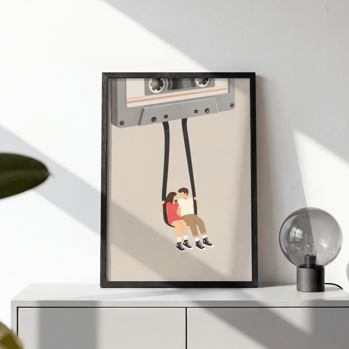 Cassette Tape Swing Art Print – Retro Mixtape Couple Music Wall Art & Framed Aesthetic Decor