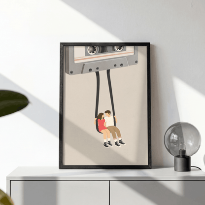 Cassette Tape Swing Art Print – Retro Mixtape Couple Music Wall Art & Framed Aesthetic Decor