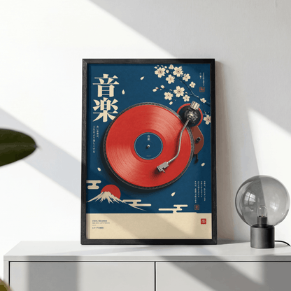 Japanese Cherry Blossom Vinyl Art Print – Retro Mount Fuji Turntable Music Wall Art & Framed Aesthetic Decor