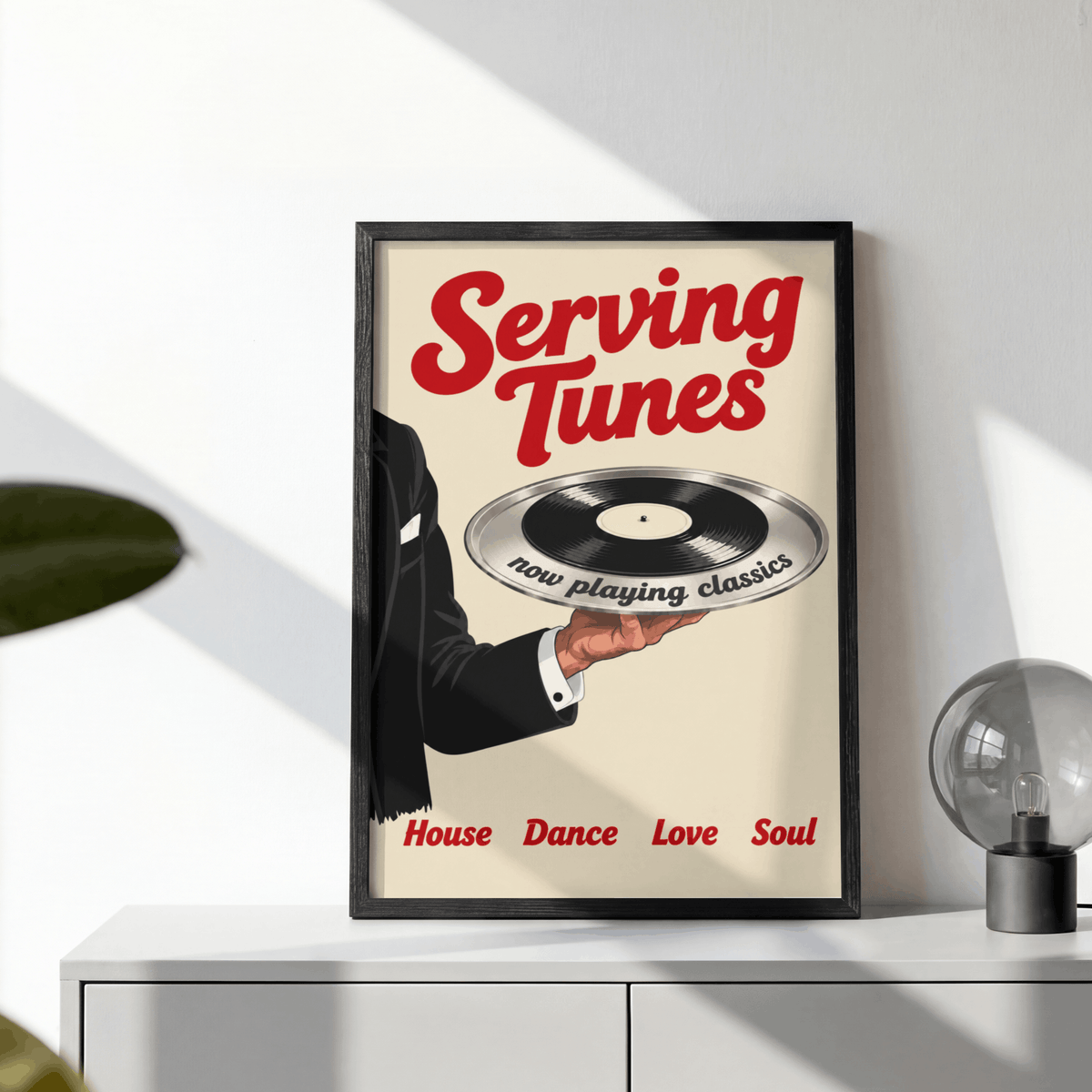 Serving Tunes Art Print – Retro Butler Vinyl Record Music Wall Art & Framed Aesthetic Decor