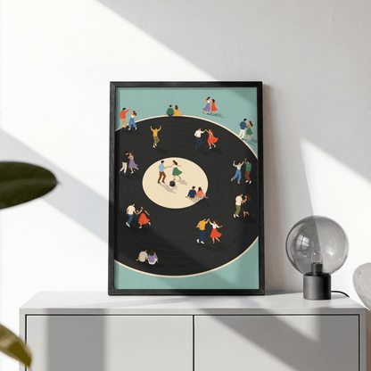 Vinyl Dance Floor Art Print – Retro People Dancing on Vinyl Record Music Wall Art & Framed Aesthetic Decor