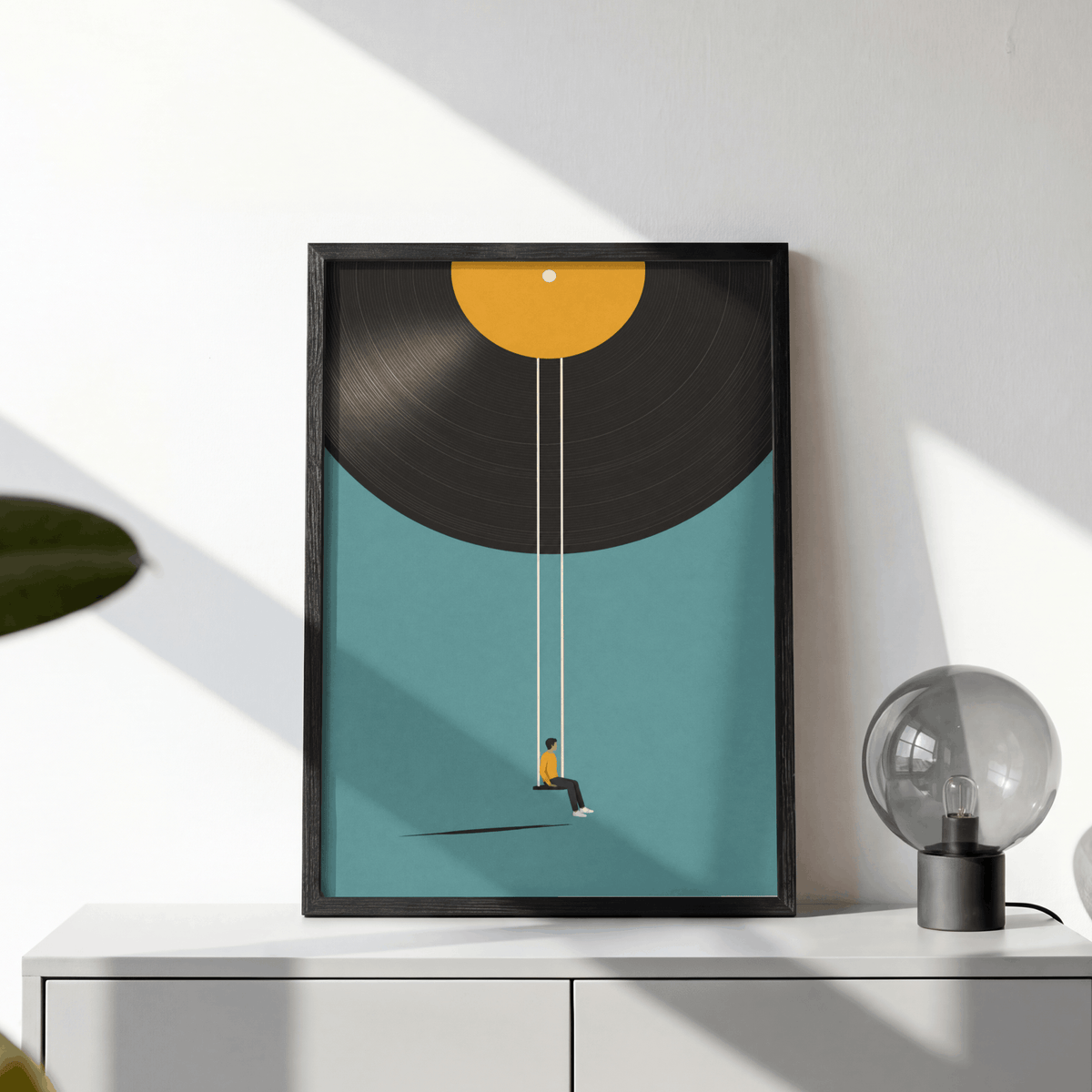 Vinyl Record Swing Art Print – Minimalist Surreal Music Wall Art & Framed Aesthetic Decor