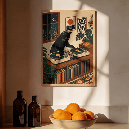 DJ Black Cat Vinyl Record Art Print – Retro Aesthetic Music Room Poster & Framed Wall Decor